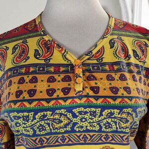 Vintage 90s Graphic Print Top Size M Mixed Boho Print Knit Cotton Relaxed Fit